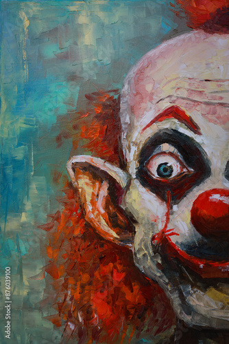 Oil portrait of a scary clown with white make-up on his face and red hair