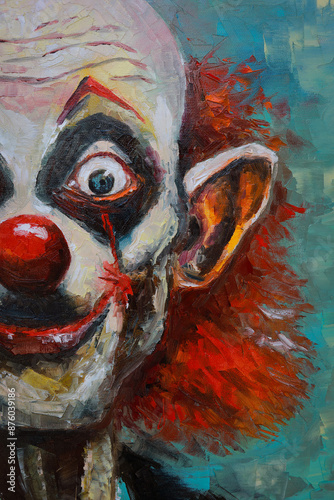 Oil portrait of a scary clown with white make-up on his face and red hair