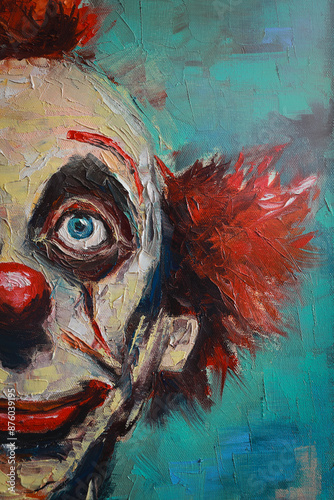 Oil portrait of a scary clown with white make-up on his face and red hair