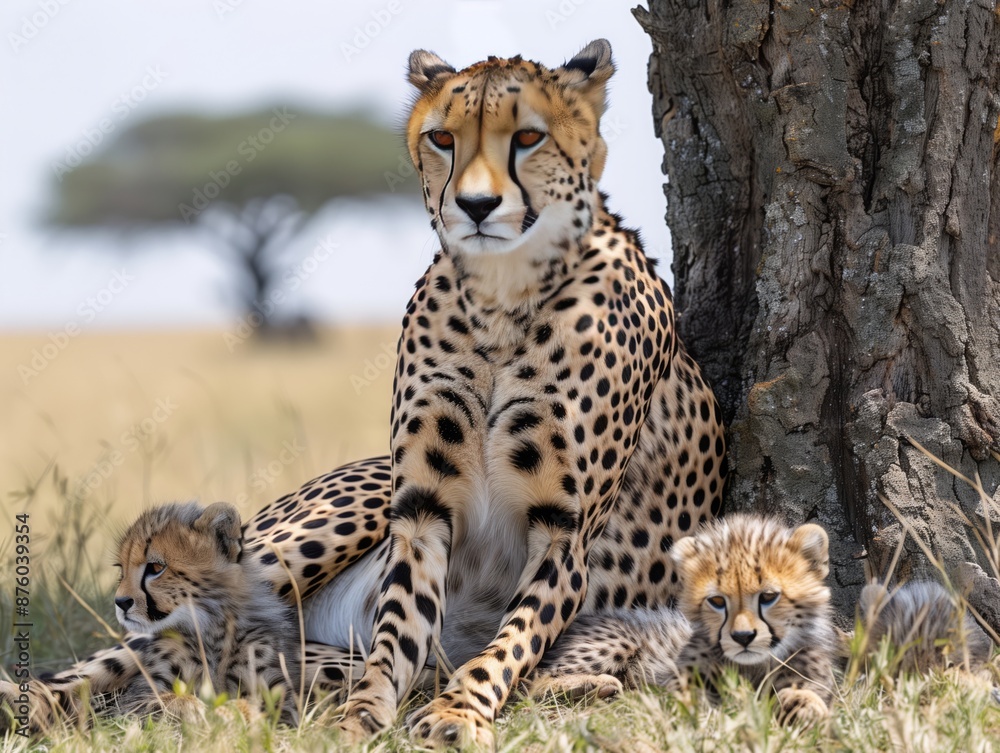 Cheetah and Cubs- A mother cheetah rests in the shade of a tree on the African savanna Cheetah and Cubs- A mother cheetah rests in the shade of a tree on the African savanna