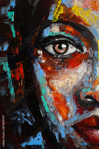 Oil portrait of a girl with a face painted in various colors