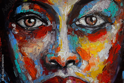 Oil portrait of a girl with a face painted in various colors