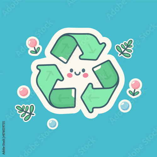 Cheerful and Playful Recycling Symbol sticker with Green Arrows and Colorful Elements. vector illustration