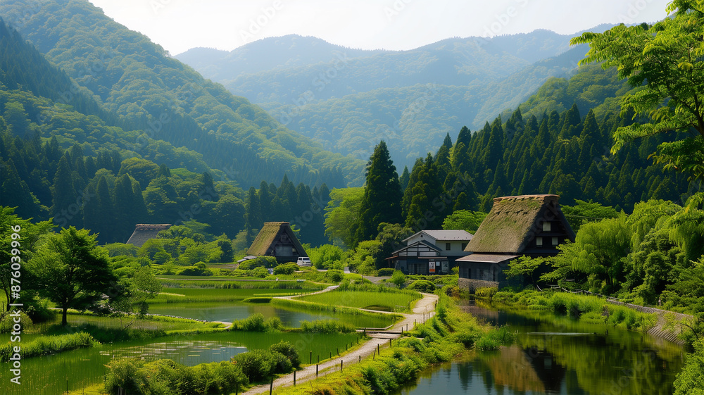 日本の山岳風景と茅葺き屋根の家