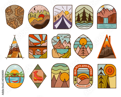 Outdoor adventure badges set. Camping adventure labels in retro style. Mountain logo graphics for t-shirt. Stock vector artwork