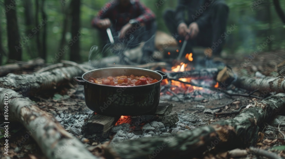 A pot of food simmers over a campfire in the woods. The hikers are cooking a meal in the heart of nature A pot of food simmers over a campfire in the woods. The hikers are cooking a meal in the heart of nature