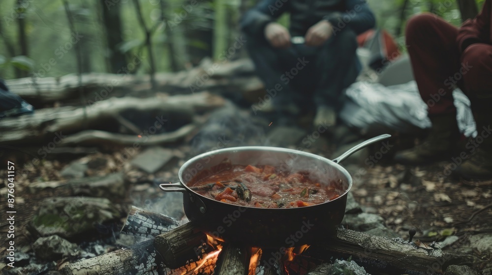 A pot of food simmers over a campfire in the woods. The hikers are cooking a meal in the heart of nature A pot of food simmers over a campfire in the woods. The hikers are cooking a meal in the heart of nature