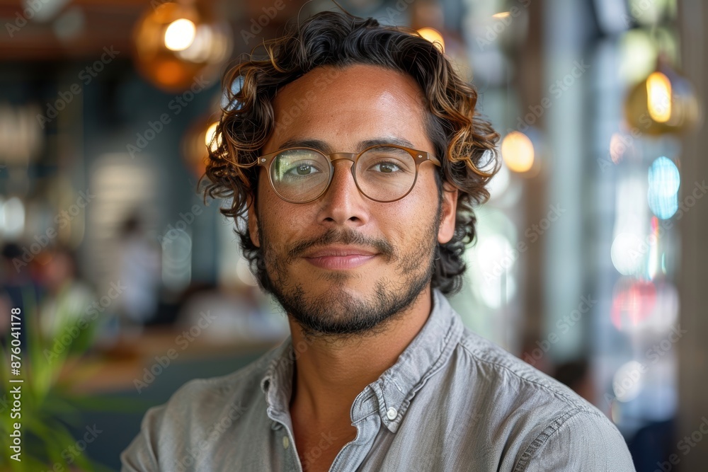 A young man with curly hair and glasses is smiling confidently while standing indoors in a modern, well-lit setting with blurred background elements A young man with curly hair and glasses is smiling confidently while standing indoors in a modern, well-lit setting with blurred background elements