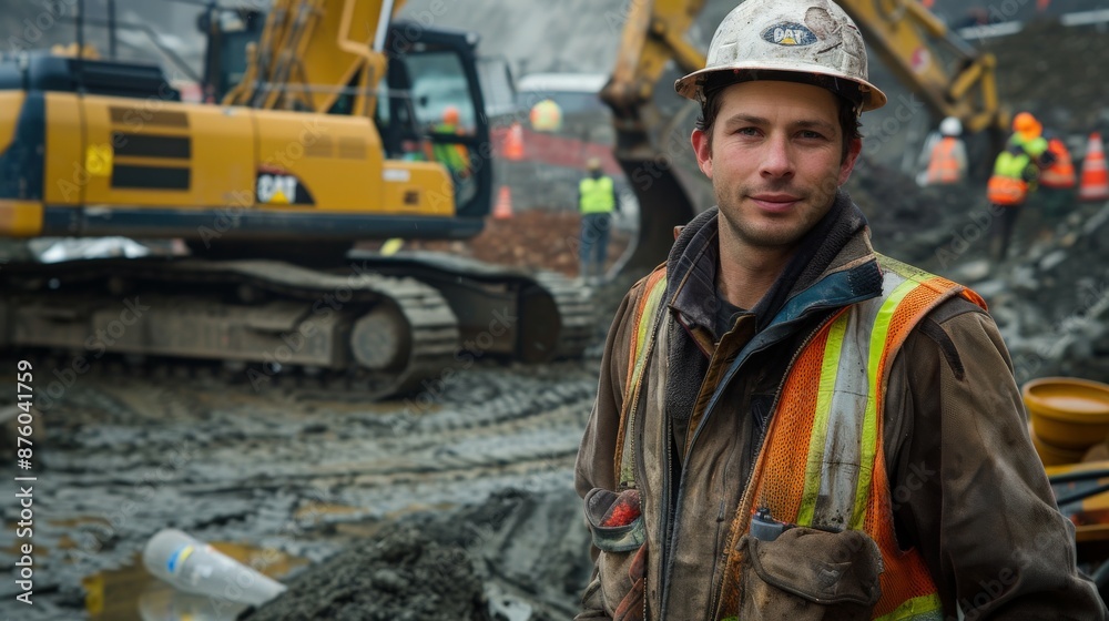Fototapeta premium Construction Worker Posing With Excavator