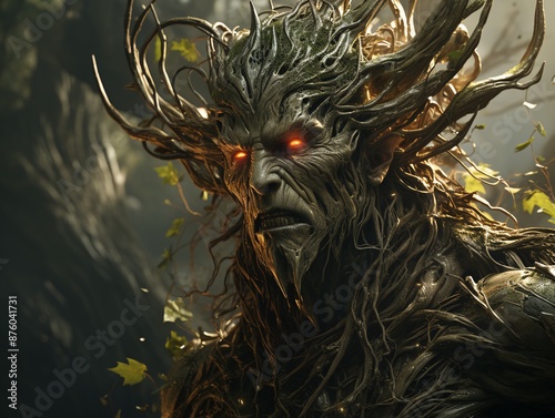 A bizarre wooden leshy with a beard and horns, located among a dense forest. photo