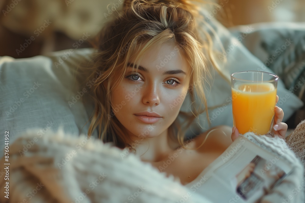 Overweight Woman Reading with Orange Juice at Home Overweight Woman Reading with Orange Juice at Home