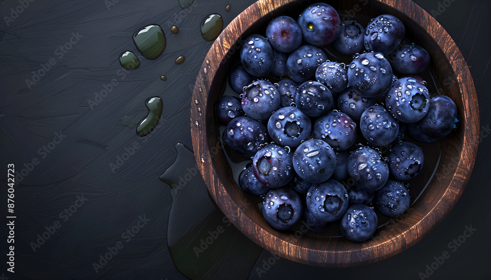 blueberry with drops of water in wooden bowl, top view blueberry with drops of water in wooden bowl, top view