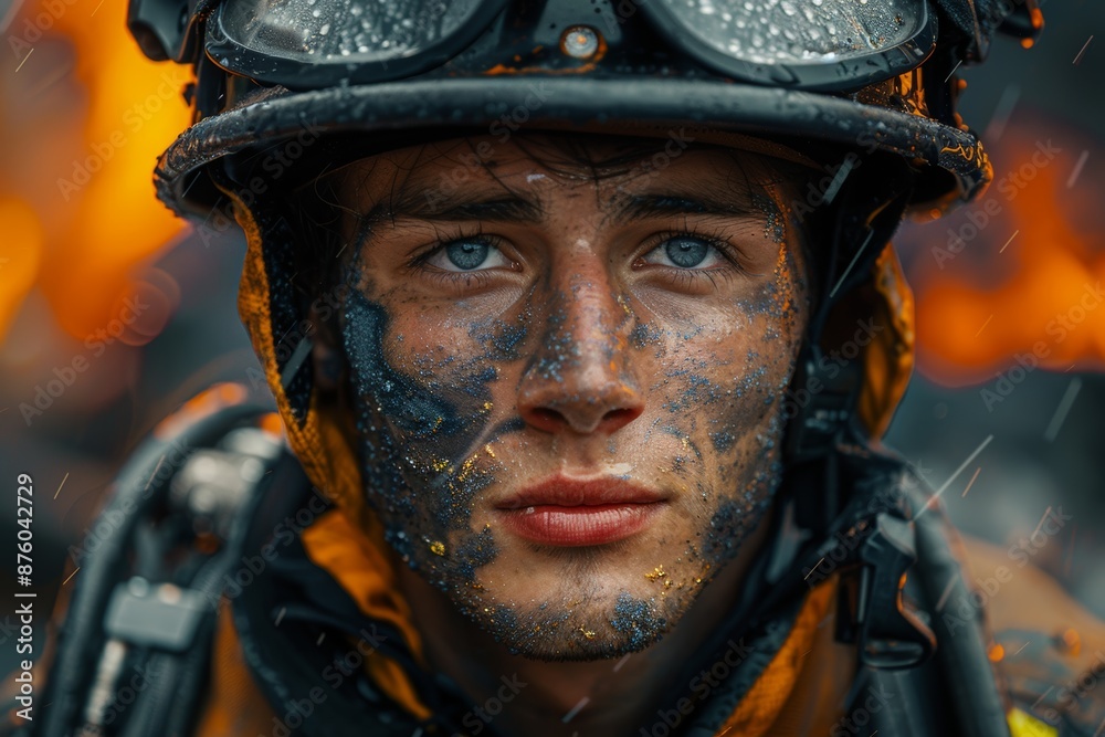 Up-close and intense image of a firefighter with soot-covered face and determined blue eyes amidst the backdrop of blazing fire and falling rain