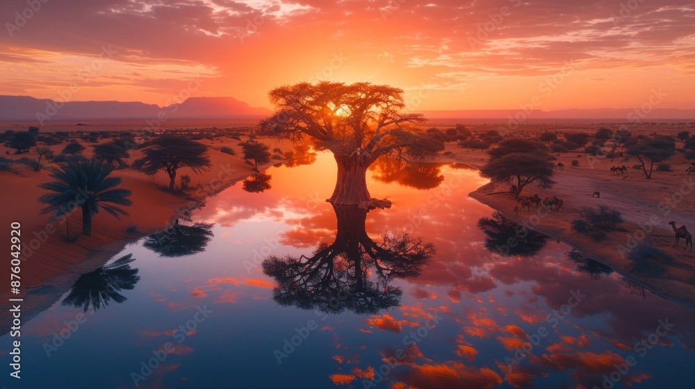 Majestic Baobab Tree at Sunset Reflecting in Tranquil Water in African Savannah Landscape Majestic Baobab Tree at Sunset Reflecting in Tranquil Water in African Savannah Landscape