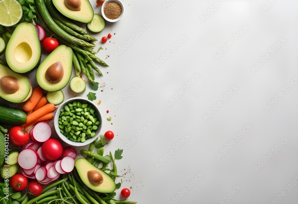  Vegetables on a White Background Vegan and Vegetarian Diets background with copy space