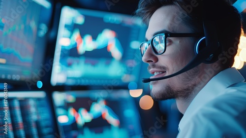 A focused young man with a headset works intently in front of multiple monitors displaying stock market data.