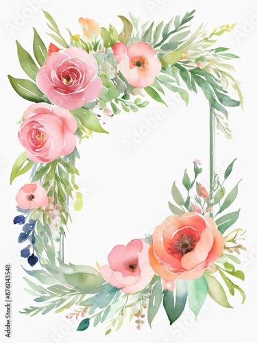 A blank wedding invitation adorned with a watercolor floral frame © The Pattern Forest