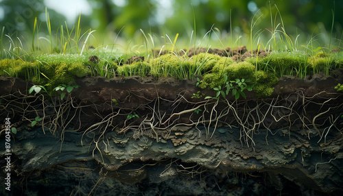 Roots of green grass growing underground, layers of soil cross-section.