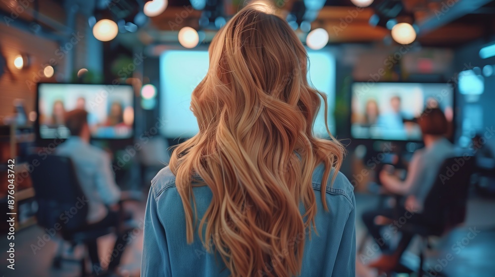 Cinematic over the shoulder shot of a hipster woman pitching a tv show to a room full of network executives Cinematic over the shoulder shot of a hipster woman pitching a tv show to a room full of network executives