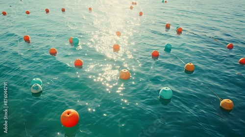 An ocean with buoys and markers photo