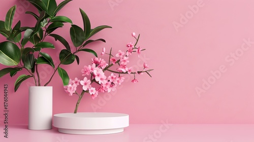 3D geometric podium mockup with bright colors and natural tree leaves and flower elements, ideal for presentations requiring fresh and visually appealing visuals Clean and Clear Color, Realistic