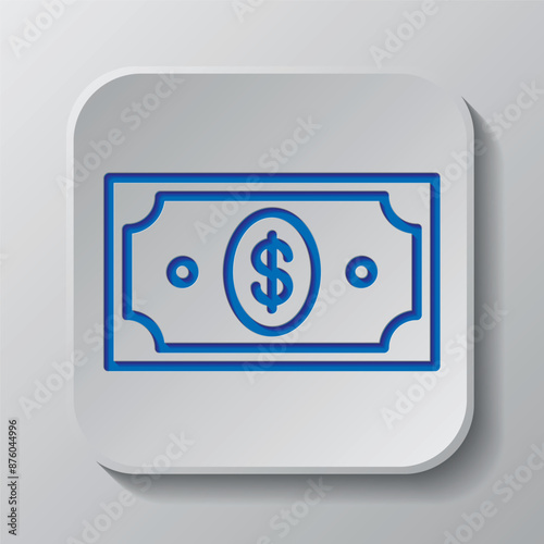 Dollar simple icon, vector. Flat design. Paper cut design. Cutted blue symbol with shadow. Gray badge button, gray background