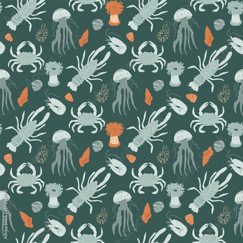 Underwater life seamless pattern. Marine creatures like lobsters, jellyfish, crabs, coral or sea anemones, and seashells on dark teal backdrop. Endless ocean scene. Vector hand drawn flat illustration