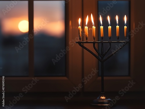 A menorah with lit candles sits on a window sill against a sunset backdrop. photo