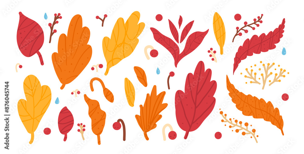 Obraz premium Autumn leaves in warm fall colors set. Textured fall forest elements. Vector hand drawn flat kit illustration isolated on white background.