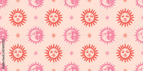 Cute Boho Sun and Moon Astrology Pink Seamless Pattern Vector Illustration