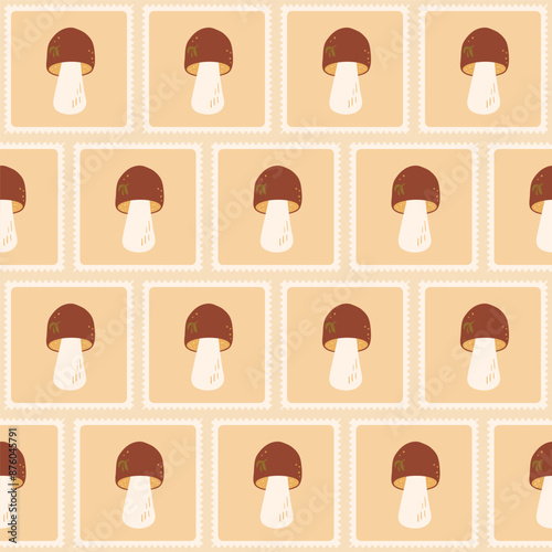 Boletus mushrooms checked seamless pattern. Bento box repeat background. Autumn forest cep retro stamps endless design. Vector hand drawn flat illustration.