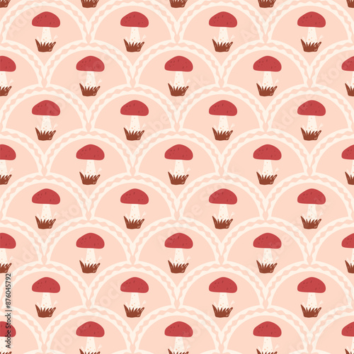Red-headed mushrooms scallop seamless pattern. Arch mushroom picking repeat background. Autumn forest classic endless design. Vector hand drawn flat illustration.