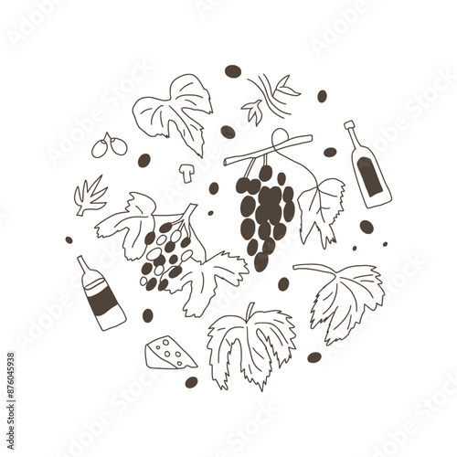 Wine festival event circular emblem. Bottles and grapevines round badge. Vector hand drawn doodle collection illustration isolated on white background.