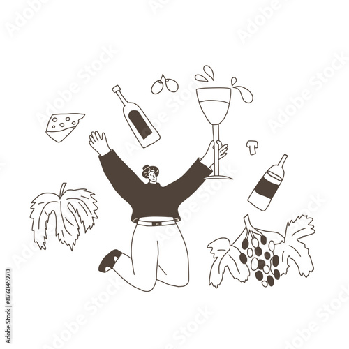 Wine festival emblem. Cute character with wineglass, bottles and grapevines. Vector hand drawn doodle collection illustration isolated on white background.