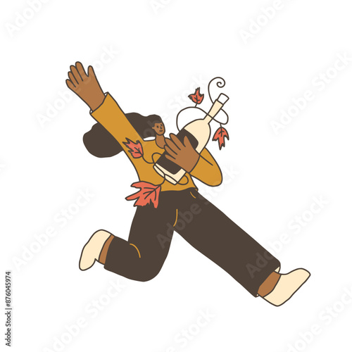 Wine lover. Young woman run with bottle of white wine. Cute character with alcohol beverage. Vector hand drawn doodle illustration isolated on white background.