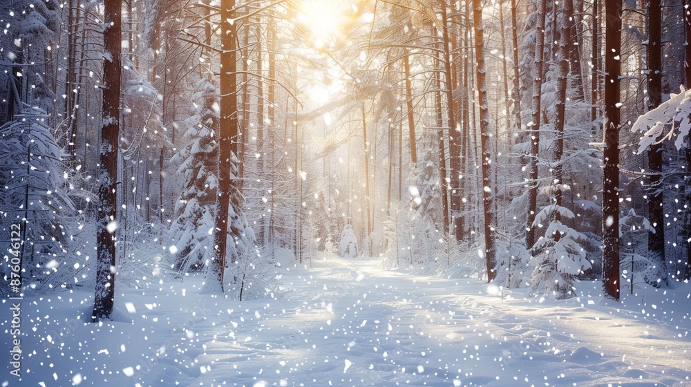 Naklejka premium Tranquil Winter Scene of Snowy Forest Clearing with Falling Snowflakes