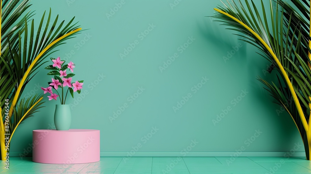 3D geometric podium mockup with bright colors and natural tree leaves and flower elements, suitable for presentations requiring fresh and visually appealing visuals Clean and Clear Color, Realistic 3D geometric podium mockup with bright colors and natural tree leaves and flower elements, suitable for presentations requiring fresh and visually appealing visuals Clean and Clear Color, Realistic
