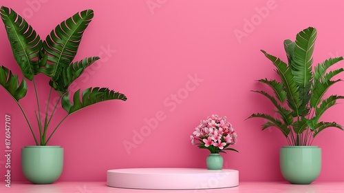 Bright and vibrant 3D geometric podium mockup with natural tree leaves and flower elements, ideal for creating eye-catching, nature-themed presentations Clean and Clear Color, Realistic Photo, , © DARIKA