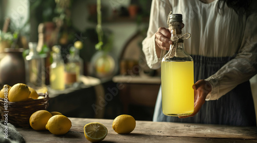 Woman is holding a bottle of fresh homemade lemonade or limoncello. Still life with fresh juicy lemons. Old tradition concept