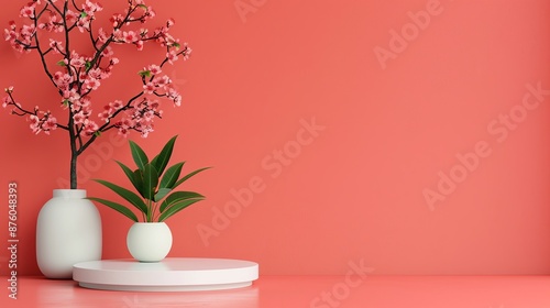 Bright and vibrant 3D geometric podium mockup with natural tree leaves and flower elements, perfect for creating engaging and nature-inspired presentations Clean and Clear Color, Realistic Photo, ,