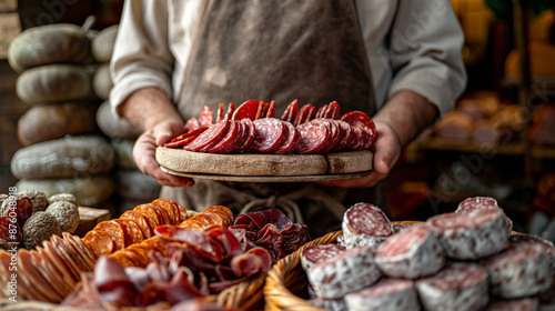 A charcuterie board with a variety of cured meats on display at a market stall, food photography concept. Selection of delicacies in the store for gourmets. Eco, bio, eco friendly Farmers Market photo