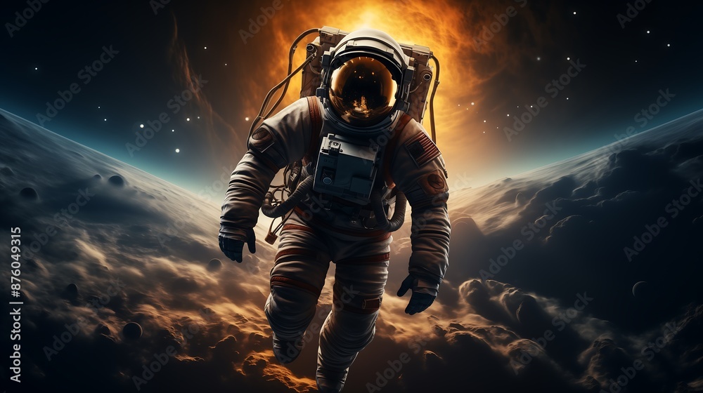 An astronaut drifts through space surrounded by clouds An astronaut drifts through space surrounded by clouds