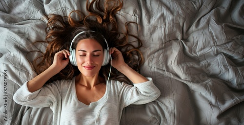 Obraz na płótnie A young woman lies in bed with her eyes closed, listening to music through headphones. She is relaxed and smiling, with her hair spread out on the bed. w salonie