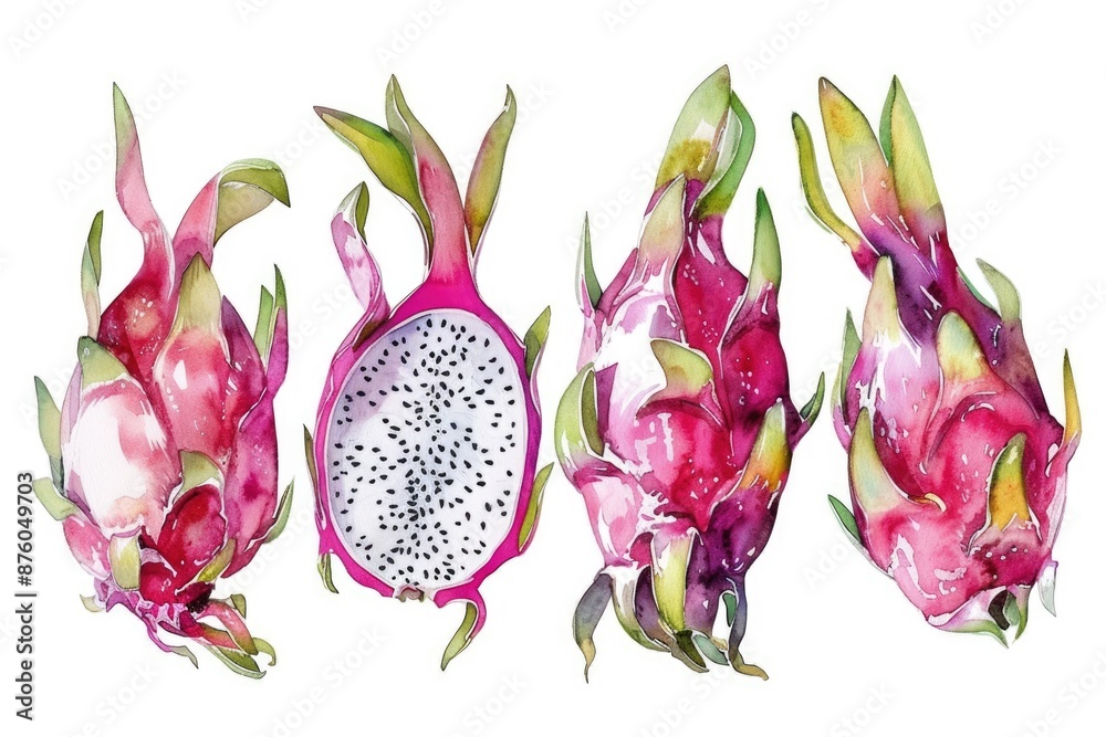 Exotic Dragon Fruit Collection. Watercolor Illustration of Fresh and Juicy Tropical Fruit Varieties Exotic Dragon Fruit Collection. Watercolor Illustration of Fresh and Juicy Tropical Fruit Varieties