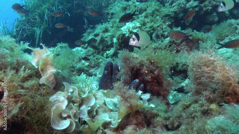 Two moray eel together in its hole - Wildlife underwater Two moray eel together in its hole - Wildlife underwater