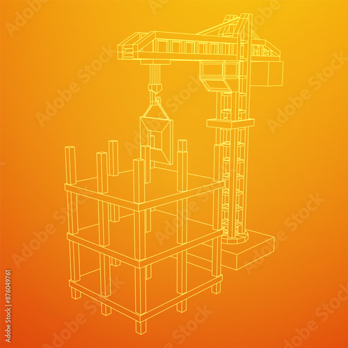 Construction crane tower. Building under construction industrial concept. Wireframe low poly mesh vector illustration.