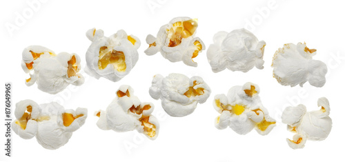 Photos Macro popcorn flying, isolated on white background, with clipping path