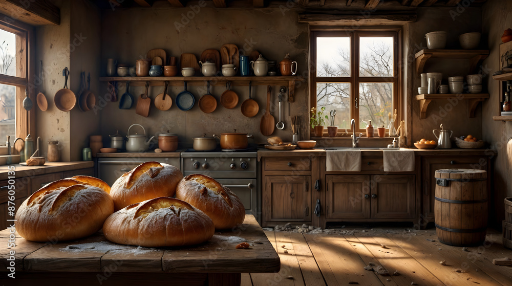 a rustic kitchen scene with a table displaying loaves of bread, potted plants, and a window with wooden shelves and pots. a rustic kitchen scene with a table displaying loaves of bread, potted plants, and a window with wooden shelves and pots.