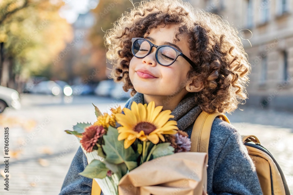 A cute little curly-haired girl with glasses and a bouquet of autumn flowers goes to school for the first time. A child with a school bag, a book and flowers. A child on a city street. Back to school. A cute little curly-haired girl with glasses and a bouquet of autumn flowers goes to school for the first time. A child with a school bag, a book and flowers. A child on a city street. Back to school.