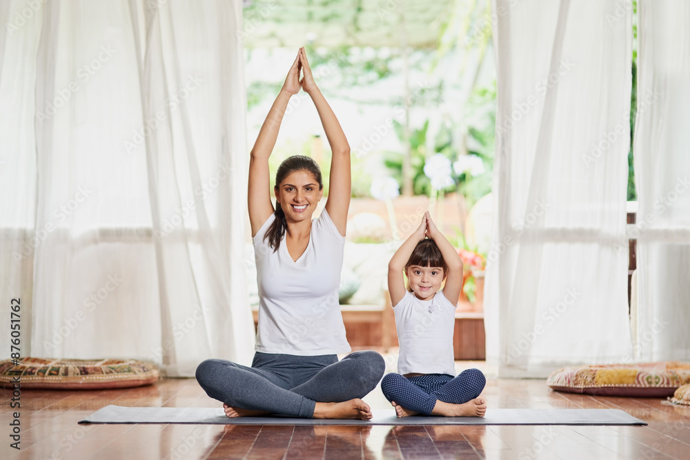 Home, mother and girl with yoga, stretching and bonding together with flexibility, workout and relax. Family, single parent and daughter on floor, warm up and routine for fun, carefree and meditation Home, mother and girl with yoga, stretching and bonding together with flexibility, workout and relax. Family, single parent and daughter on floor, warm up and routine for fun, carefree and meditation